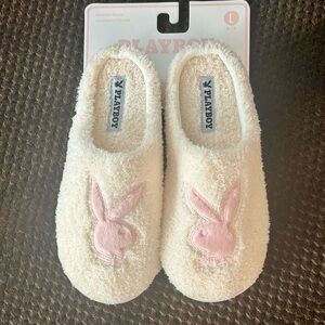 Playboy Bunny Slippers Sz L 8-9 Fuzzy Clog Memory Foam Indoor Outdoor Cream Pink